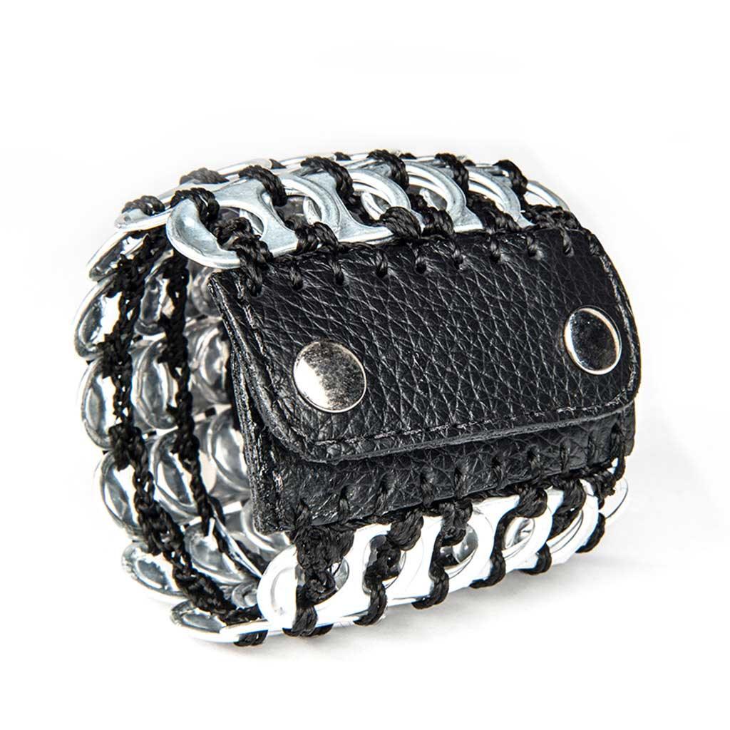 alt="cuff bracelet for women black and silver color made with aluminum soda pop tabs by Escama Studio"