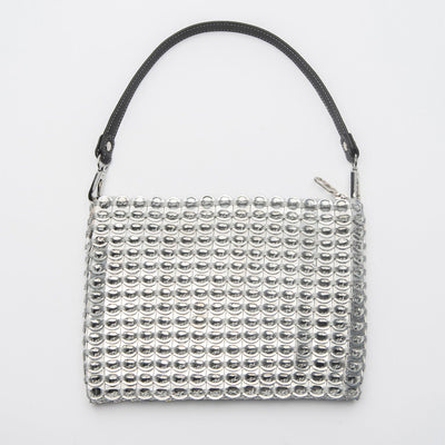 alt="upcycled bag silver woven bag with leather strap - escama studio"