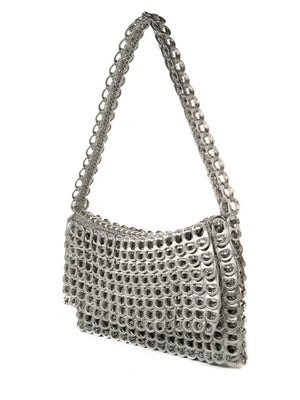silver chain mail bag made from pop tabs