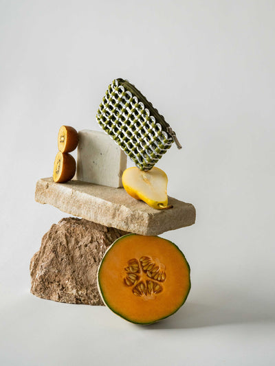 alt="still life with purse and fruit - escama studio"