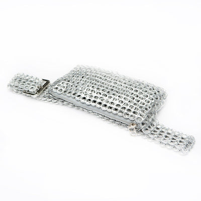 alt="silver fanny pack from upcycled soda tabs - escama studio"