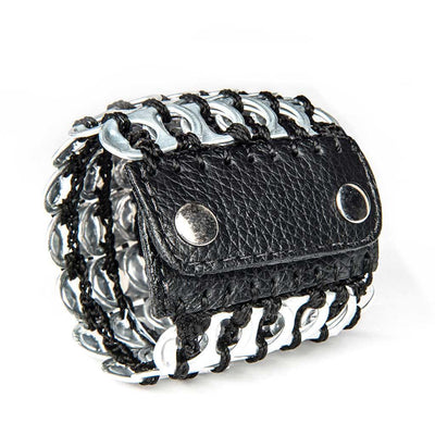 alt="cuff bracelet for women black and silver color made with aluminum soda pop tabs by Escama Studio"