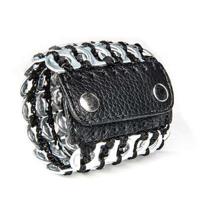alt="cuff bracelet for women black and silver color made with aluminum soda pop tabs by Escama Studio"