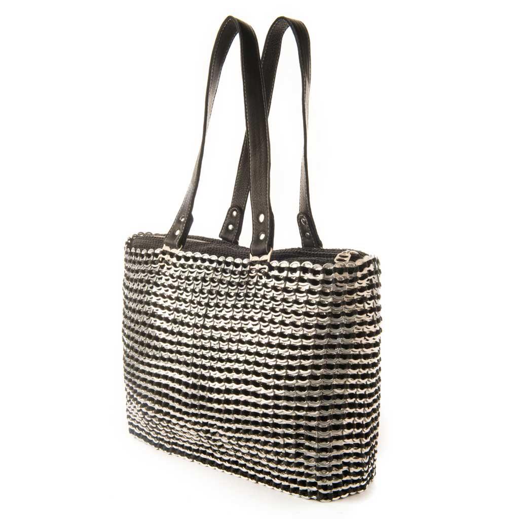 alt="black and white striped tote with black leather straps, Kate bag by Escama Studio"