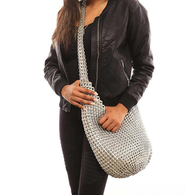 alt="upcycled cross body bag woven hobo bag from soda pop tabs - escama studio"