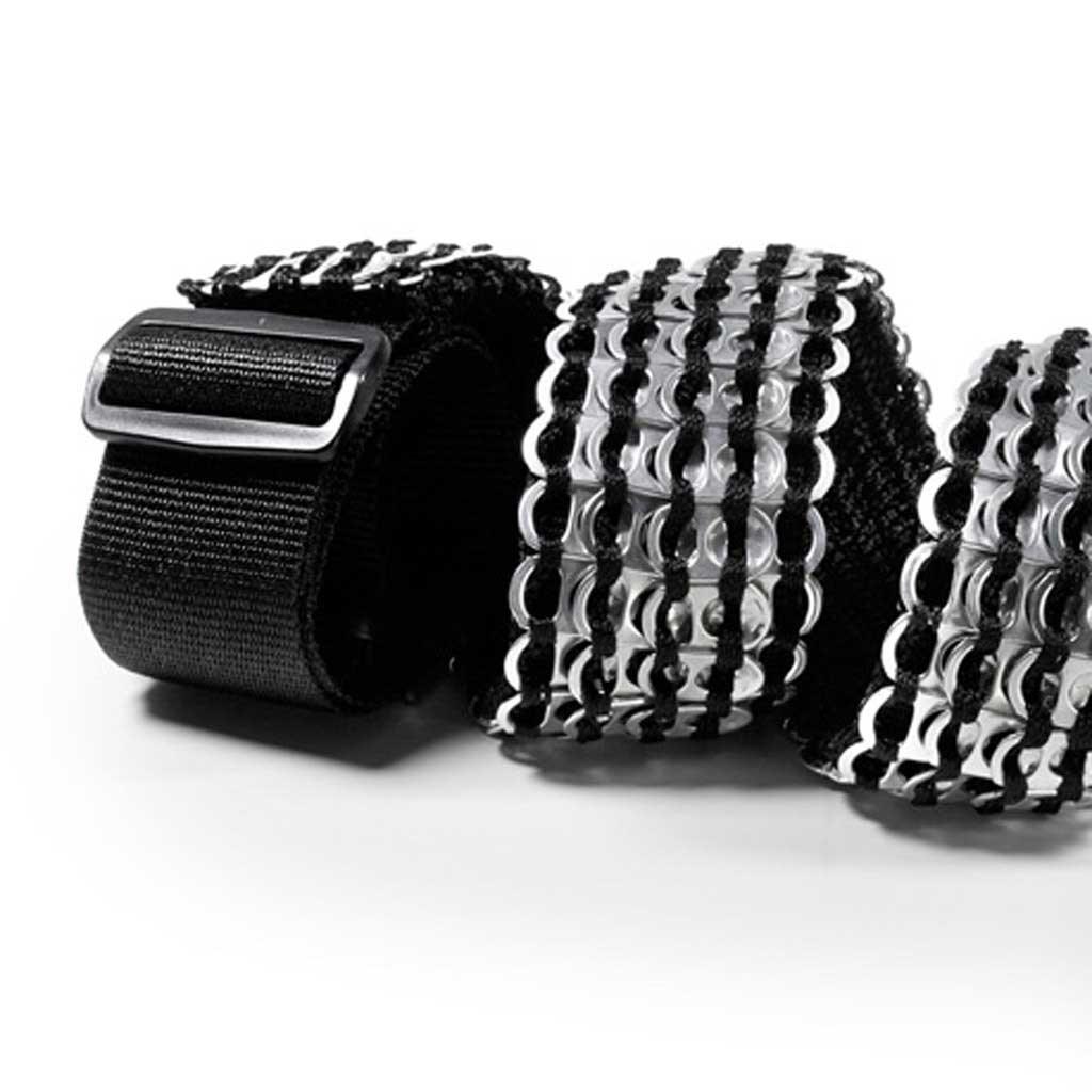 alt="cool guitar strap in black and silver made from beer can tabs"