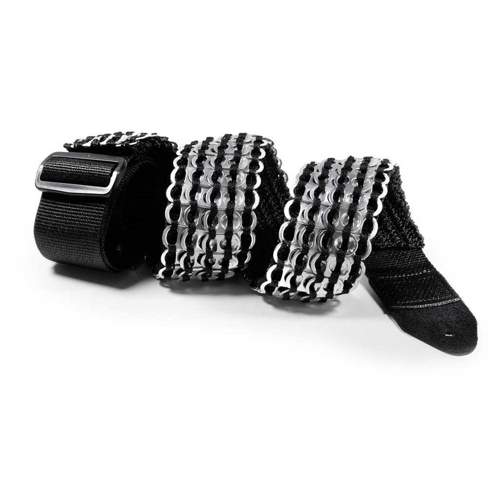 alt="cool guitar strap silver and black color, made from beer can tabs by Escama Studio"