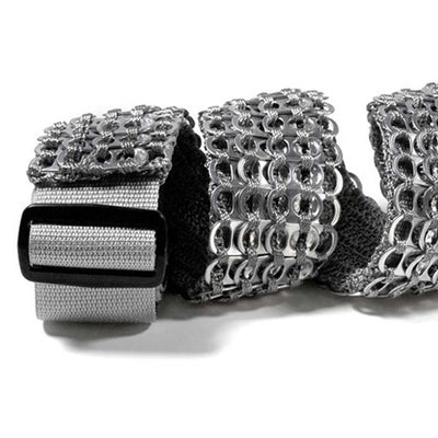 alt="cool guitar strap silver color made of beer can tabs"