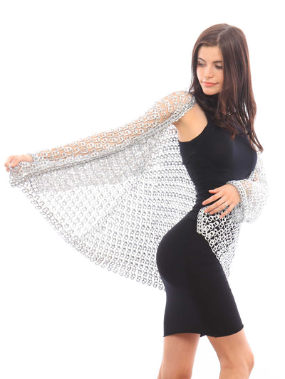 alt="silver sparkly jacket for women made from pop tabs - escama studio"